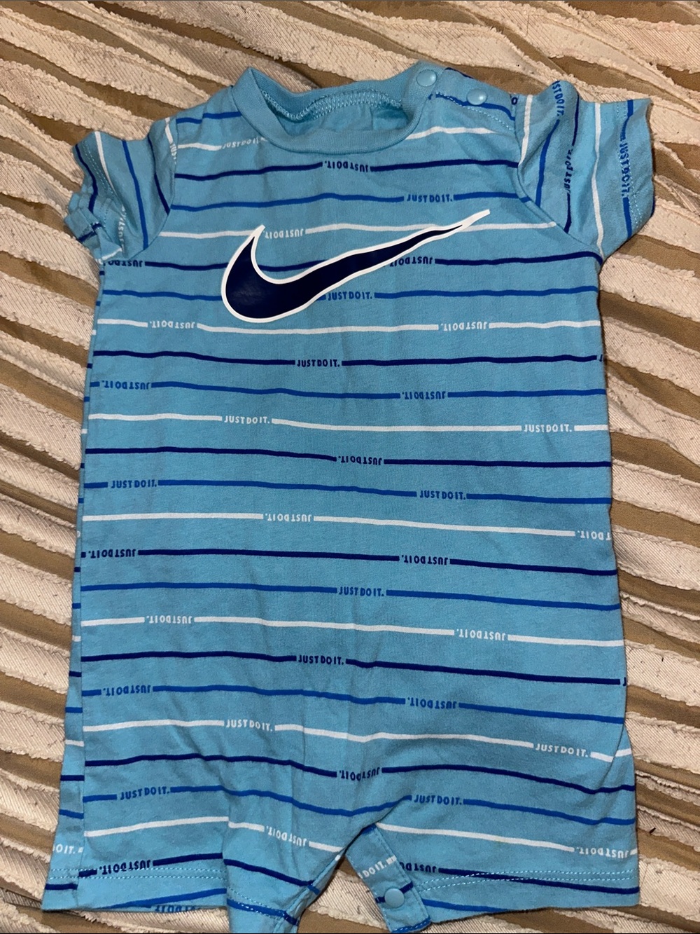 Nike Light Blue Striped Logo Baby Romper